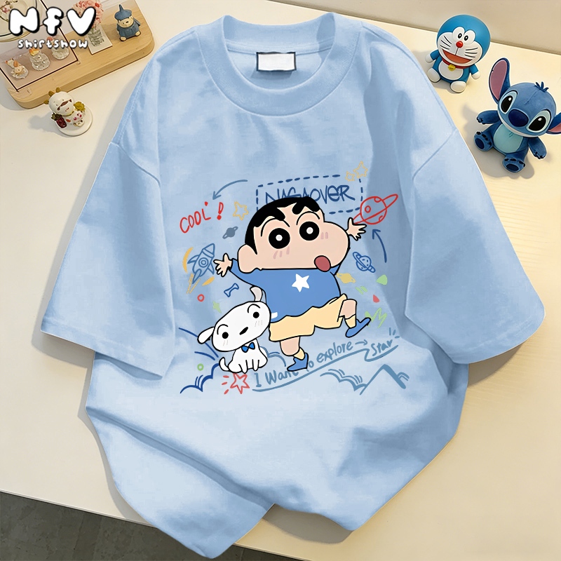 [ของพร้อมส่ง ส่งใน 24 ชั่วโมง]NFV แฟชั่นเกาหลี💕เสื้อยืดแขนสั้นคอกลม Crayon Shin-chan oversize ทรงหลวม ผ้าฝ้าย YG3669