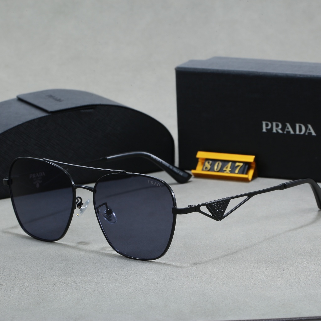 Prada Luxury Double Beam Pilot แว่นตากันแดด Unisex โลหะสแควร์แว่นตากันแดด High-End Face แว่นตากันแดด