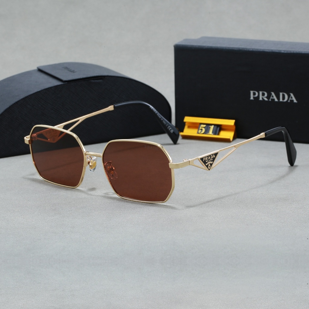 Prada สไตล์ใหม่หรูหรากรอบบางแว่นตากันแดดรูปหลายเหลี่ยมผู้ชายผู้หญิงสไตล์เดียวกันโลหะแว่นตากันแดด Hig