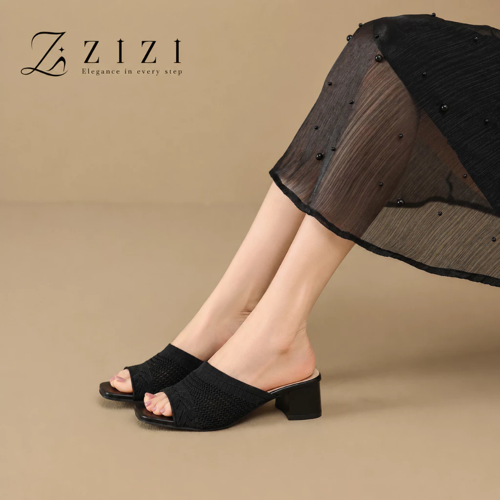 ZIZI - รองเท้าส้นกลางผู้หญิงแบบสวม ส่งจากกรุงเทพฯ เปิดหน้าเท้า ส้นบล็อก ผ้าถัก ใส่ง่ายสไตล์เรียบหรู