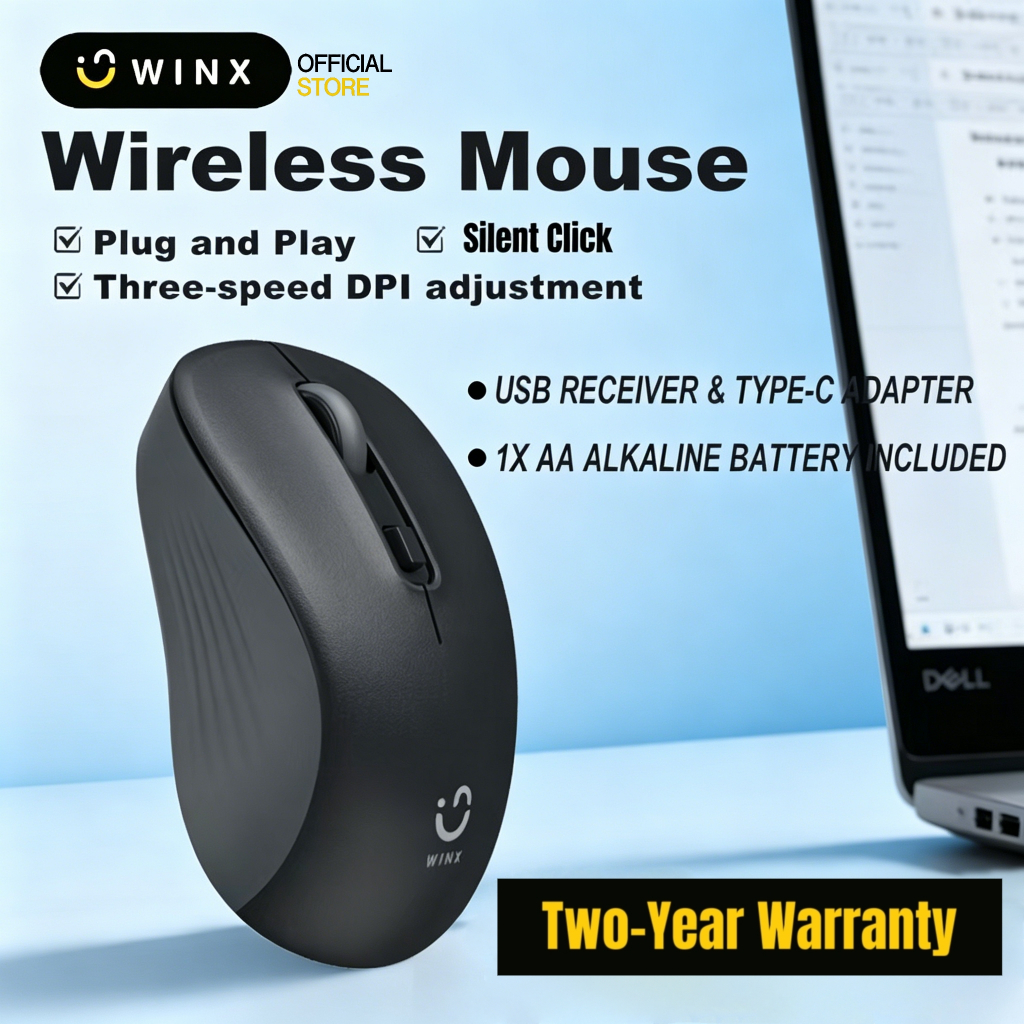 WINX เมาส์เงียบไร้สาย 2.4GHz โหมดการนอนหลับอัตโนมัติ 3 ระดับ DPI ประหยัดพลังงานพร้อมตัวรับสัญญาณนาโนและอะแดปเตอร์ A to C การออกแบบตามหลักสรีรศาสตร์