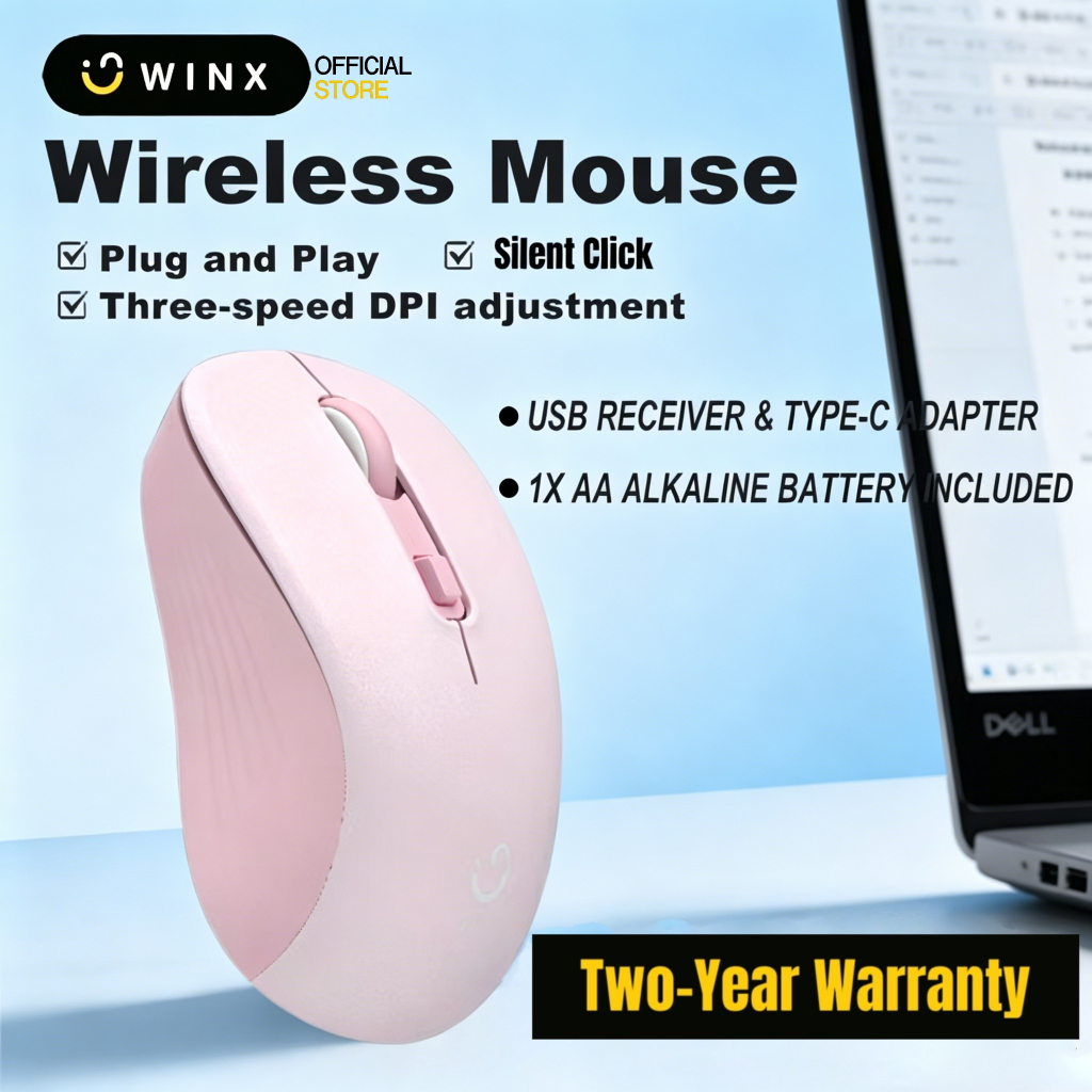 รับประกัน 2 ปีWINX เมาส์เงียบไร้สาย 2.4GHz โหมดการนอนหลับอัตโนมัติ 3 ระดับ DPI ประหยัดพลังงานพร้อมตัวรับสัญญาณนาโนและอะแดปเตอร์ A to C การออกแบบตามหลักสรีรศาสตร์