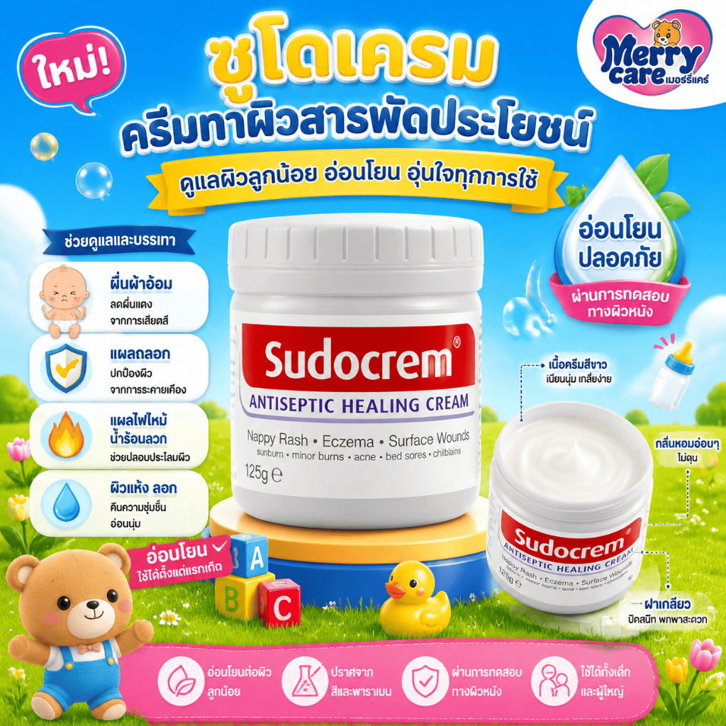 Merry care พร้อมส่ง 125กรัม แก้ผื่นผ้าอ้อม ผิวแห้ง ครีมผื่นผ้าอ้อม ครีมทาก้นเด็ก ของแท้ 100% ลอทใหม่ Sudocrem