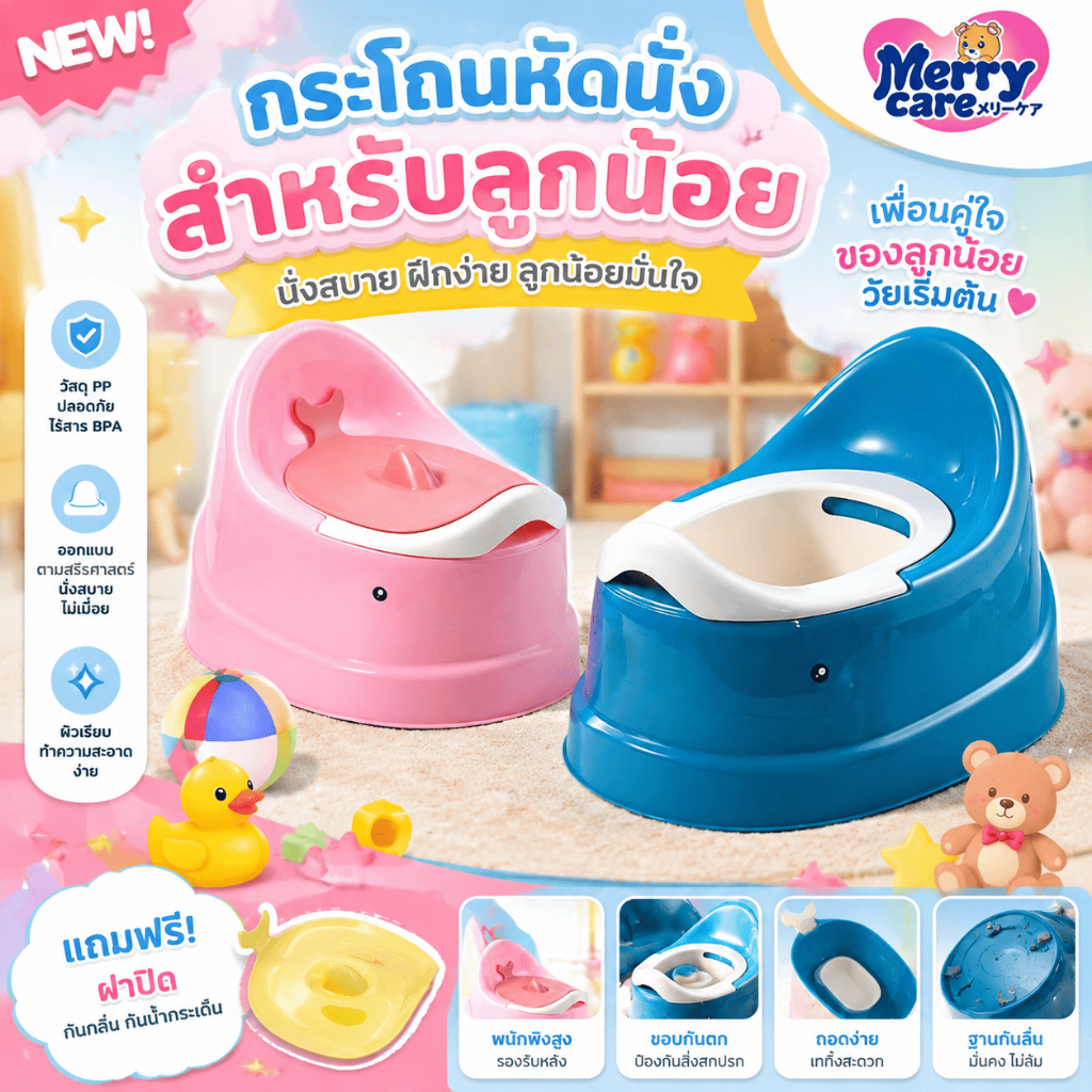Merry care กระโถนเด็กฝึกขับถ่าย รูปปลาวาฬ กระโถนเด็กเล็ก สีสันสวยงาม ไม่ลื่น พลาสติกแข็งแรง