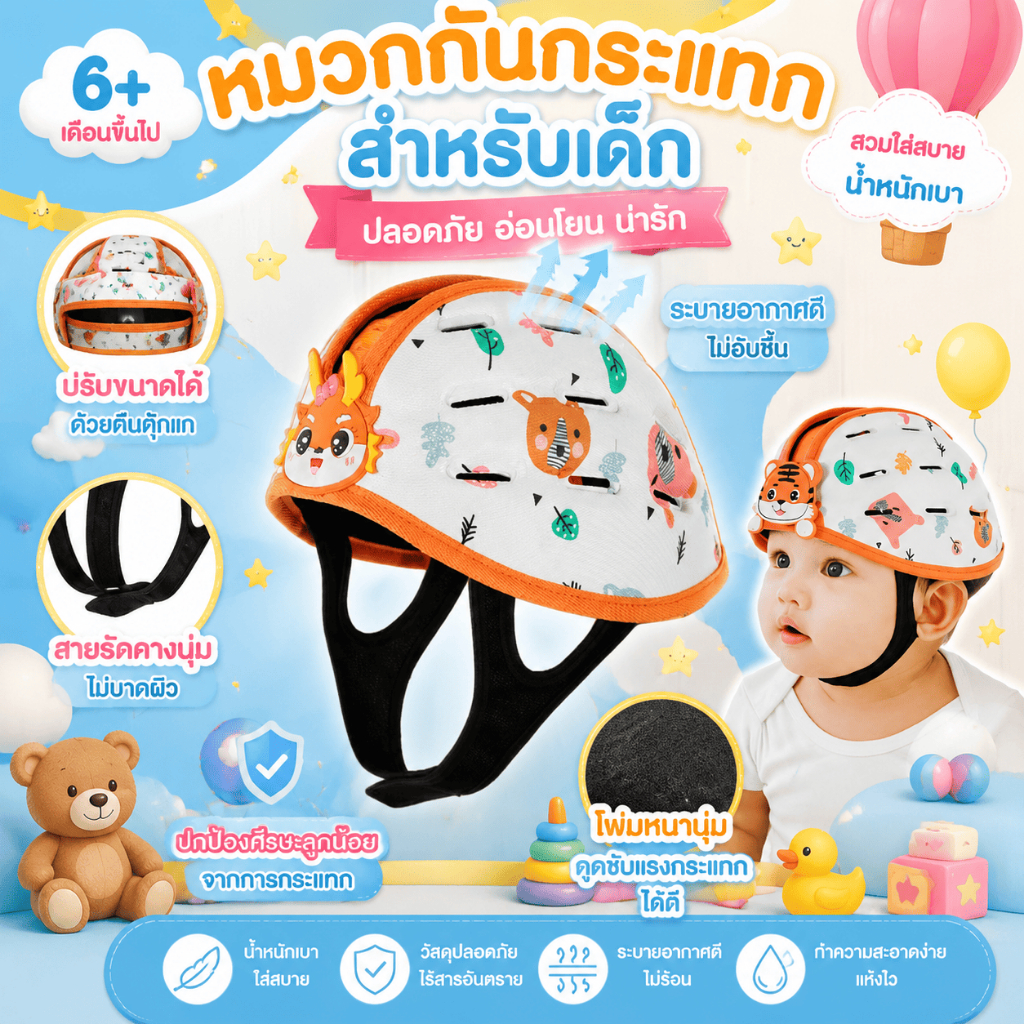 Merry care หมวกกันน็อคเด็ก หมวกนิรภัย เด็กเริ่มเดิน คลาน กันกระแทก นุ่ม ระบายอากาศดี สีสันสดใส
