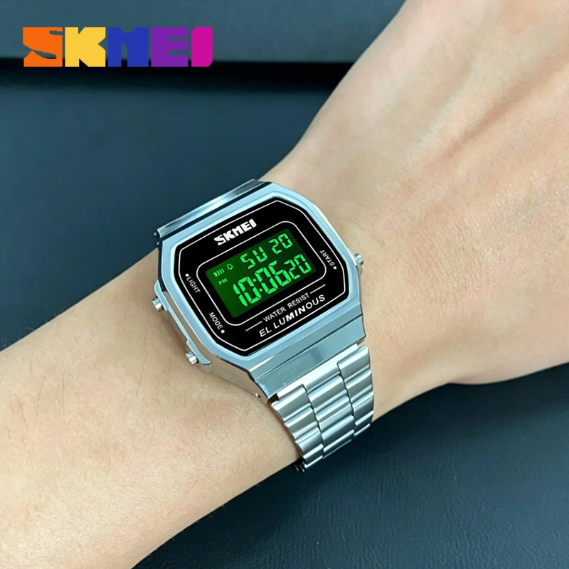 SKMEI 1647 นาฬิกาผู้หญิง ดิจิตอล สายสแตนเลส ทรงสี่เหลี่ยม ไฟ LED กันน้ำ 30M นาฬิกาแฟชั่น นาฬิกาธุรกิจ หรูหรา พร้อมส่ง songkran