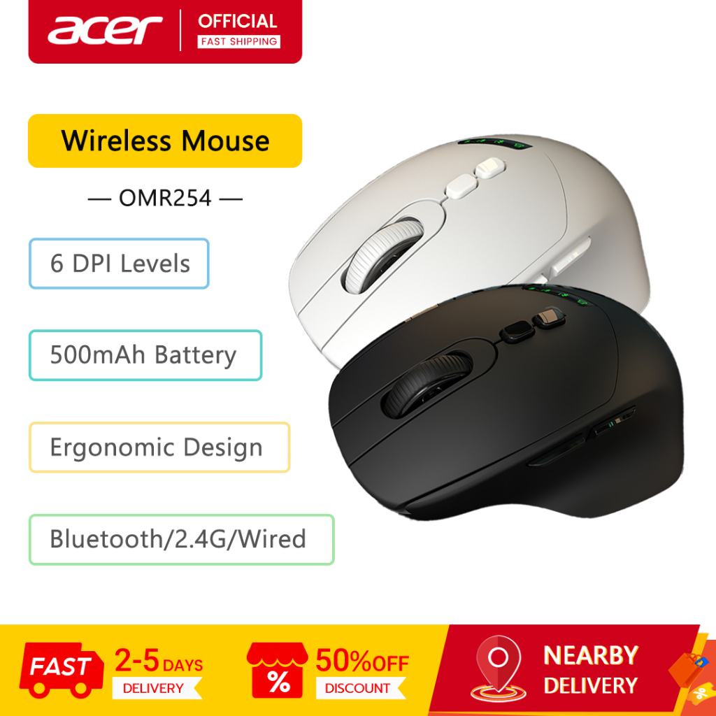 Acer เมาส์ไร้สาย Tri-Mode OMR254 บลูทูธ/2.4G/แบบมีสาย 6 ระดับ DPI เมาส์บลูทูธจอแสดงผลอัจฉริยะ