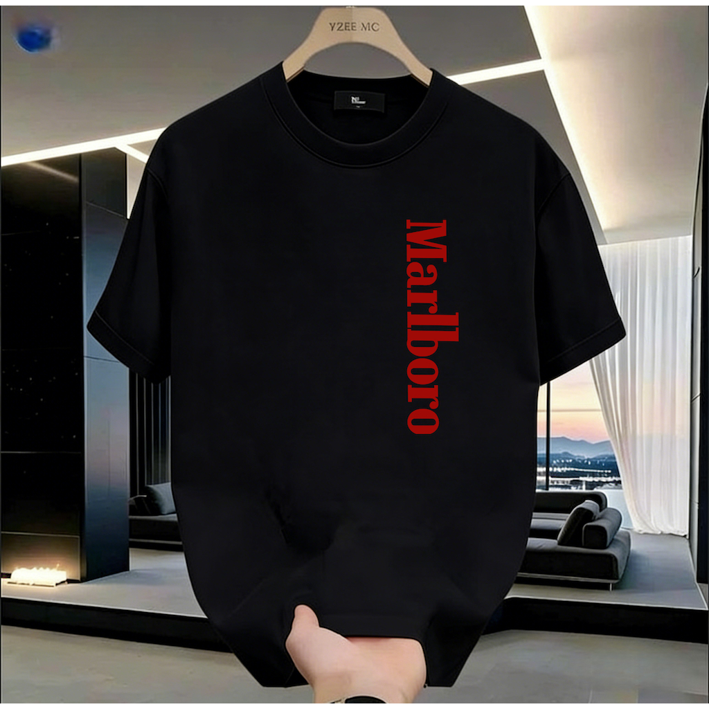 Marlboro Marlboro แนวตั้งแถวตัวอักษรแขนสั้นเสื้อยืดผู้ชายผู้หญิงสไตล์เดียวกันหลวมสบายๆฤดูร้อน Americ