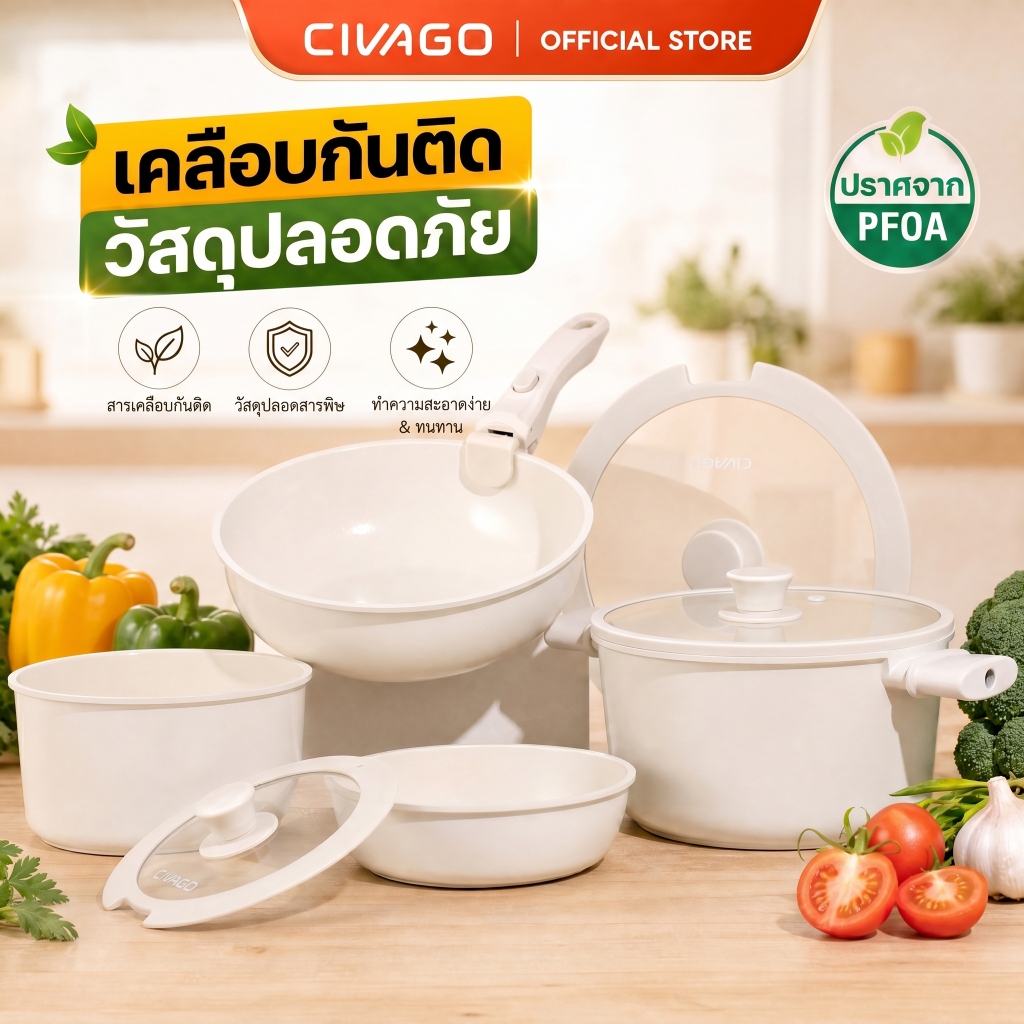 CIVAGO ชุดเครื่องครัวเคลือบเซรามิกไทเทเนียม สำหรับใช้ในบ้าน ด้ามถอดได้ กระทะทอดและหม้อซุป ปลอดสาร ชุด 12 ชิ้น PFAS PTFE PFOA ใช้ได้กับเตาทุกประเภท