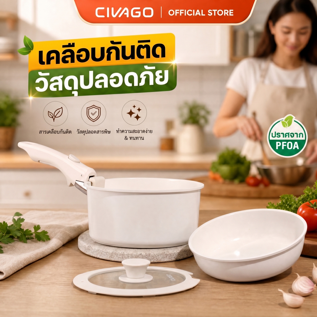 CIVAGO ชุดเครื่องครัวเคลือบเซรามิกไทเทเนียม กระทะทอด กระทะแบน และหม้อซอส ด้ามถอดได้ ปลอดสาร ชุด 6 ชิ้น PFAS PTFE PFOA ใช้ได้กับเตาทุกประเภท