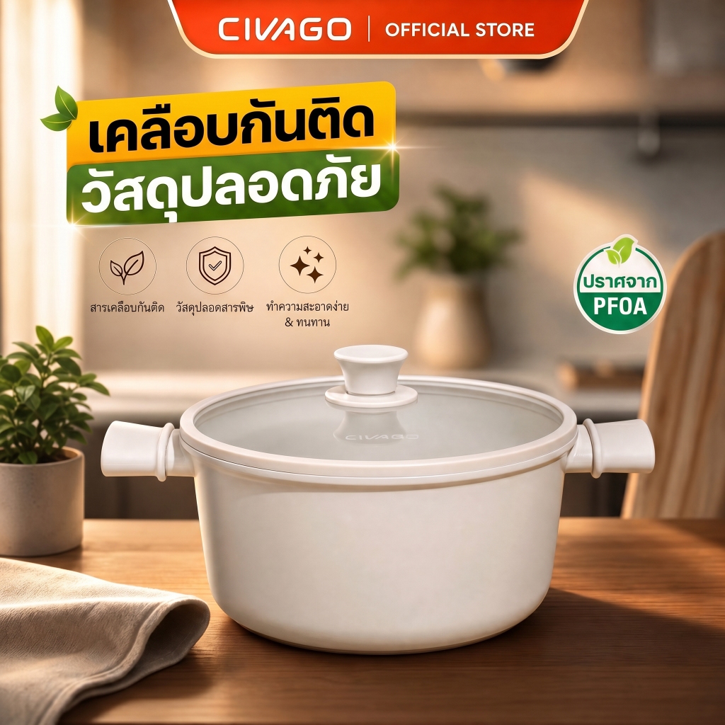 CIVAGO หม้อเคลือบเซรามิกไทเทเนียม ไม่ติดกระทะ หม้อซุปและหม้อตุ๋น หูจับสองข้าง ความจุใหญ่ ปลอดสาร หม้อซุป PFAS PTFE PFOA ใช้ได้กับเตาทุกประเภท