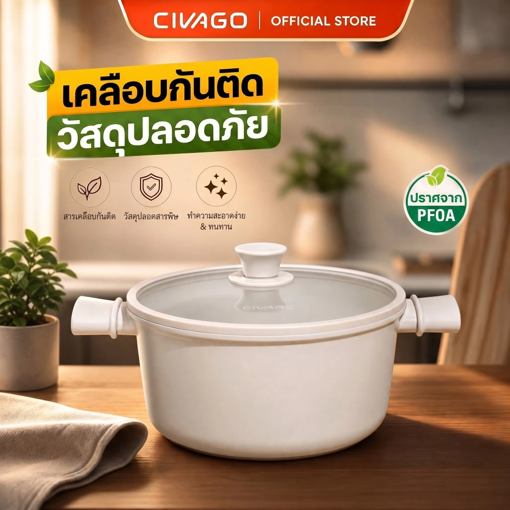 CIVAGO หม้อเคลือบเซรามิกไทเทเนียม ไม่ติดกระทะ ซุปและหม้อตุ๋น หูจับสองข้าง ความจุใหญ่ ปลอดสาร หม้อซุป PFAS PTFE PFOA ใช้ได้กับเตาทุกประเภท
