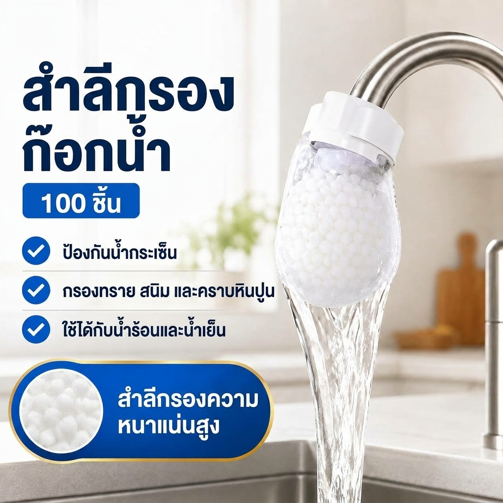 100PCS ถุงกรองก๊อกน้ำ สำลีกรองน้ำประปาแบบสากล กันน้ำกระเด็น หนาพิเศษความหนาแน่นสูง มีสายรัด กรองทรายสนิมตะกรัน ใช้กับก๊อกครัวห้องน้ำ น้ำร้อนน้ำเย็น
