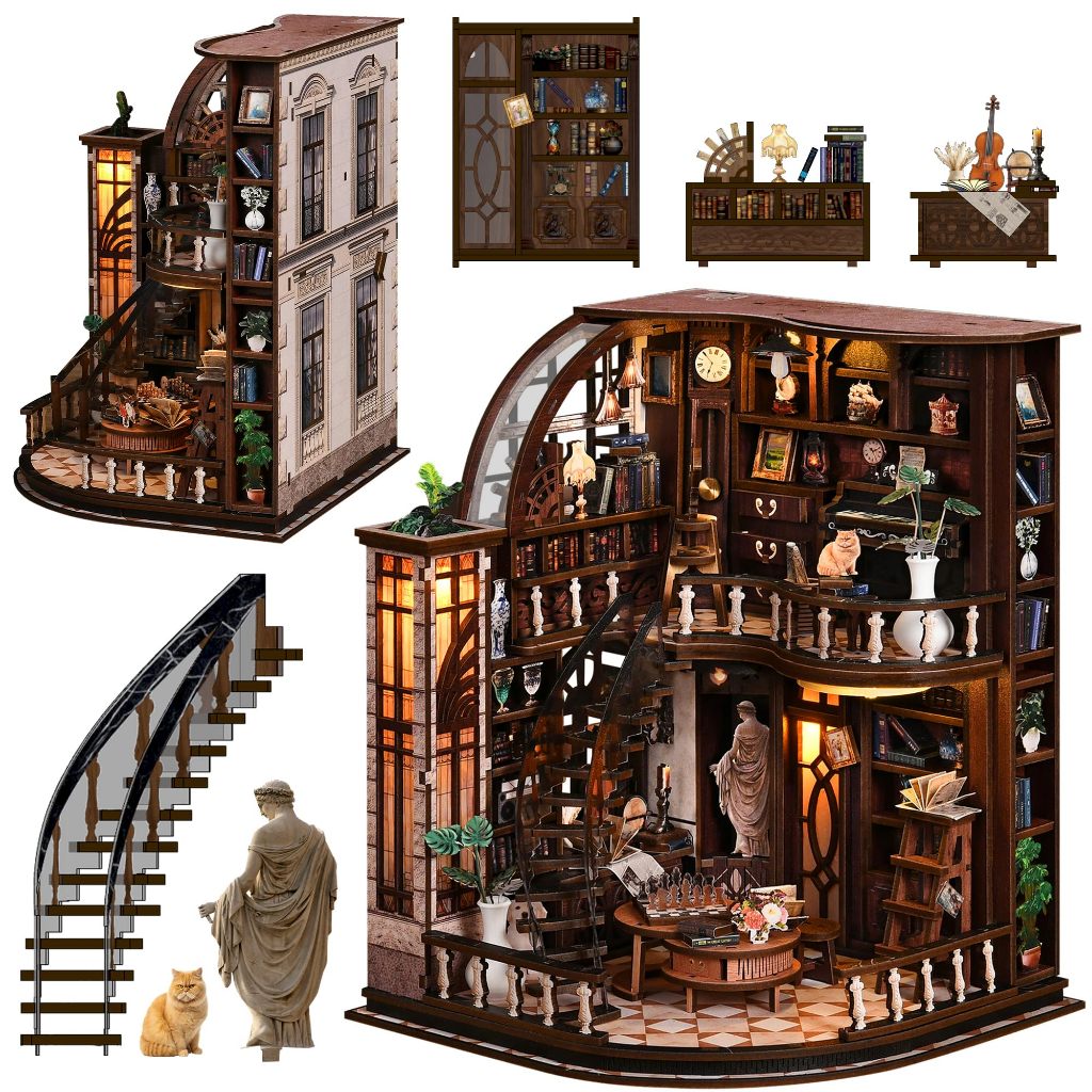 หนังสือ ชุดนุคสําหรับผู้ใหญ่ Booknook DIY Miniature House Kit Library Decor Fantasy 3D Puzzle,สําหรั