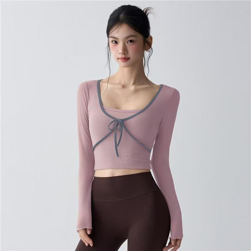 เสื้อยืดโยคะแขนยาวเบาะสําหรับผู้หญิง,สลิมฟิตสลิมมิ่งกีฬาวิ่งพิลาทิสเซ็กซี่ตาข่ายออกกําลังกายด้านบน