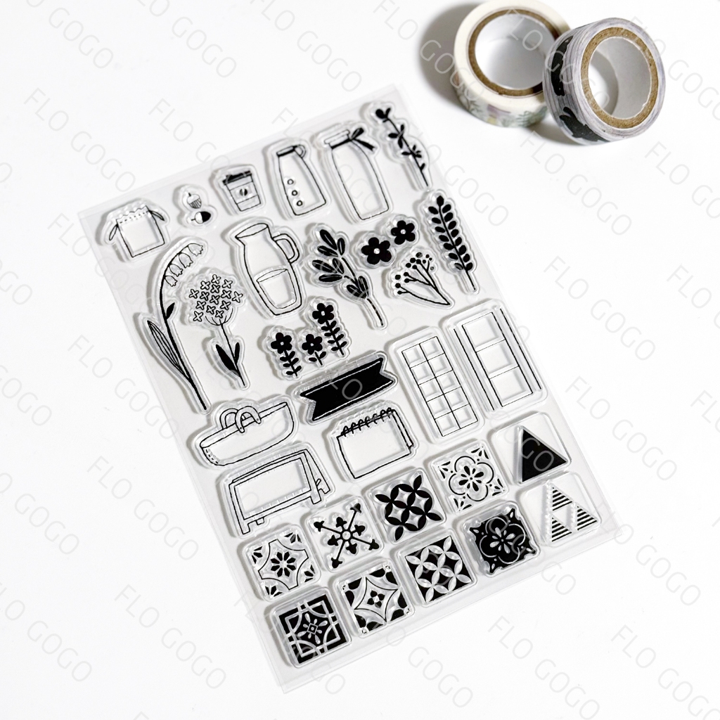 ตราปั๊มซิลิโคนใส ลายคาเฟ่ ดอกไม้ กระเบื้อง 16×11ซม. 30 ลาย สไตล์สวยงาม กรอบตาราง ตราปั๊มใส แพลนเนอร์ ไดอารี่ สแครปบุ๊ค DIY เครื่องเขียน Flo gogo