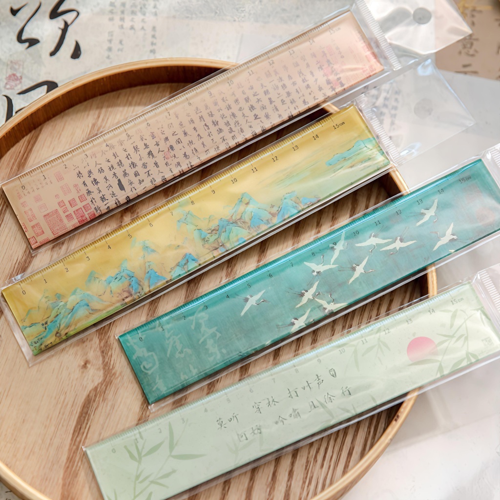 ไม้บรรทัดอะคริลิค ลายภาพวาดจีน 15ซม. 3.2×17ซม. ลายนกกระเรียน ภูเขา ไผ่ อักษรจีน สวยงาม ที่คั่นหนังสือ อุปกรณ์การเรียน เครื่องเขียน Flo gogo