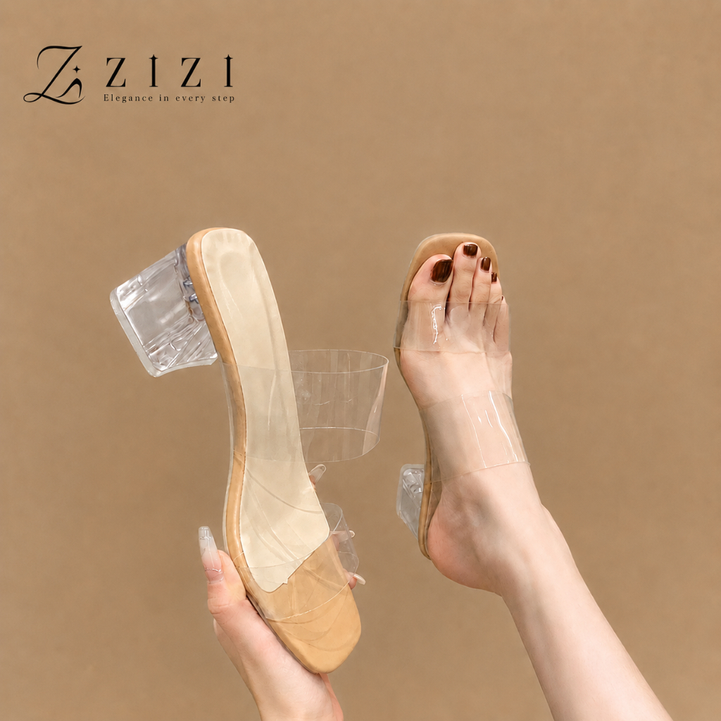 ZIZI - รองเท้าส้นสูงผู้หญิงแบบสวม ส่งจากกรุงเทพฯ สายใส ส้นใส เปิดหน้าเท้า สีดำ สีขาว สีครีม
