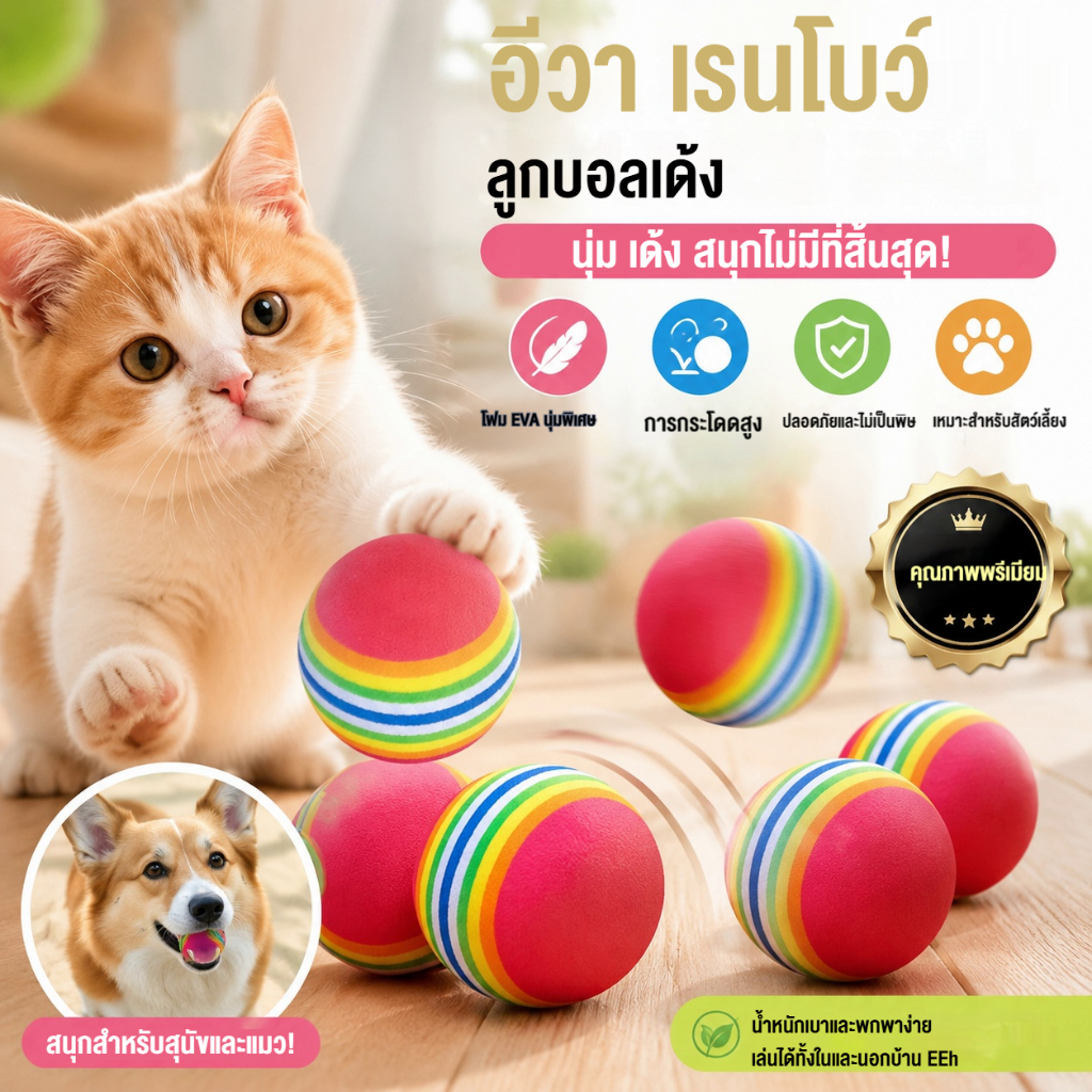 Pet Elastic Rainbow Ball, ของเล่นโฟม EVA เด้งนุ่มพิเศษ, ลูกบอลฝึกซ้อมกอล์ฟ, ลูกบอลเล่นสัตว์เลี้ยงแบบโต้ตอบสีสันสดใส