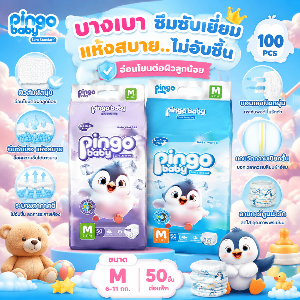 แพมเพิส 1 แถม 1 Pingo Baby Diaper ผ้าอ้อมสำเร็จรูป แพมเพิสเด็ก S/M/L/XL/XXL/XXXL แบบกางเกง ผ้าอ้อมแบบเทปผ้าอ้อมเด็ก หญิง เด็กผู้ชาย