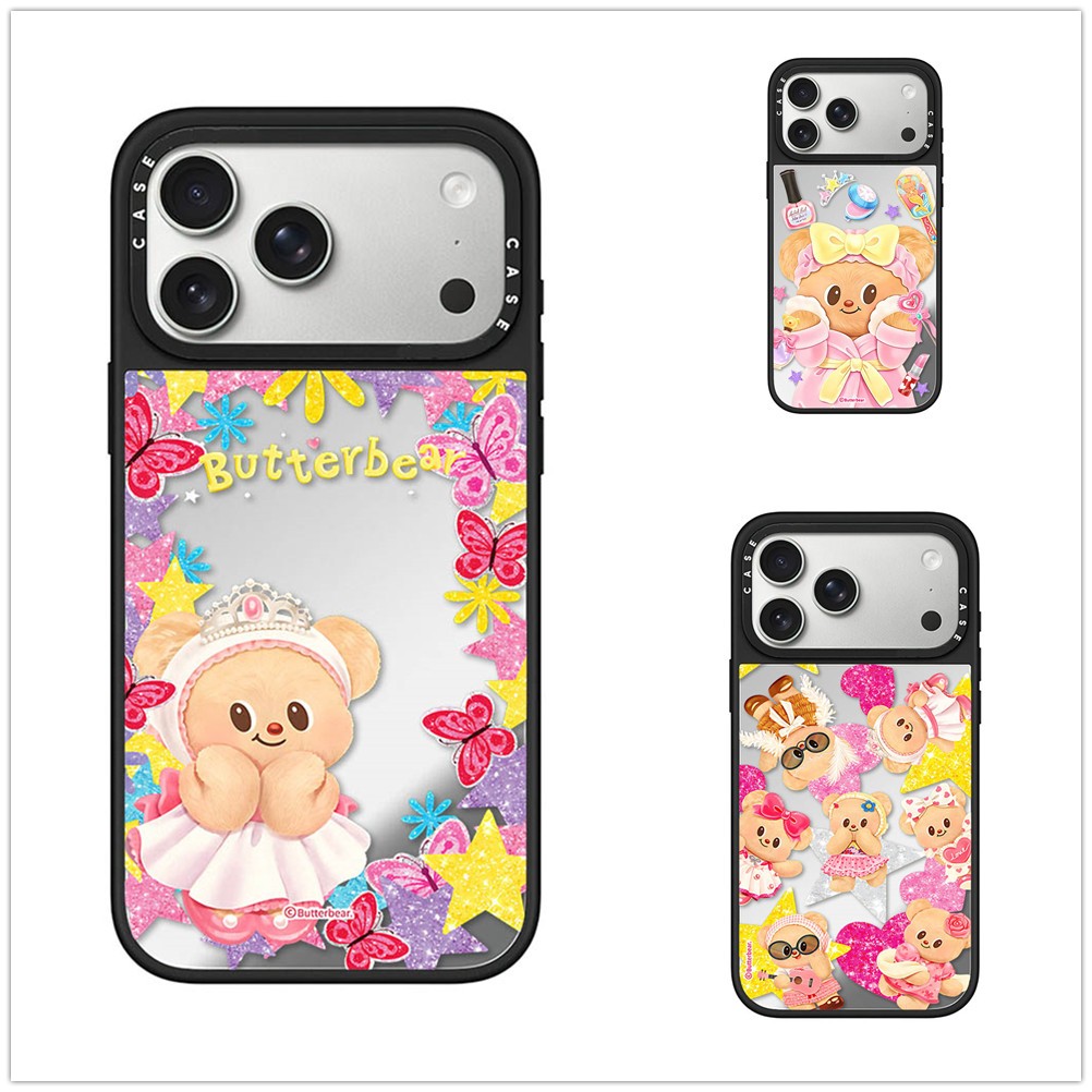 แม่เหล็กไร้สายสําหรับ iPhone 17 16 15 14 13 12 11 Pro Max Plus ผีเสื้อ Butterbear ขอบสีดํา Hard ปกหลังกรณีแกะสลักโลโก้