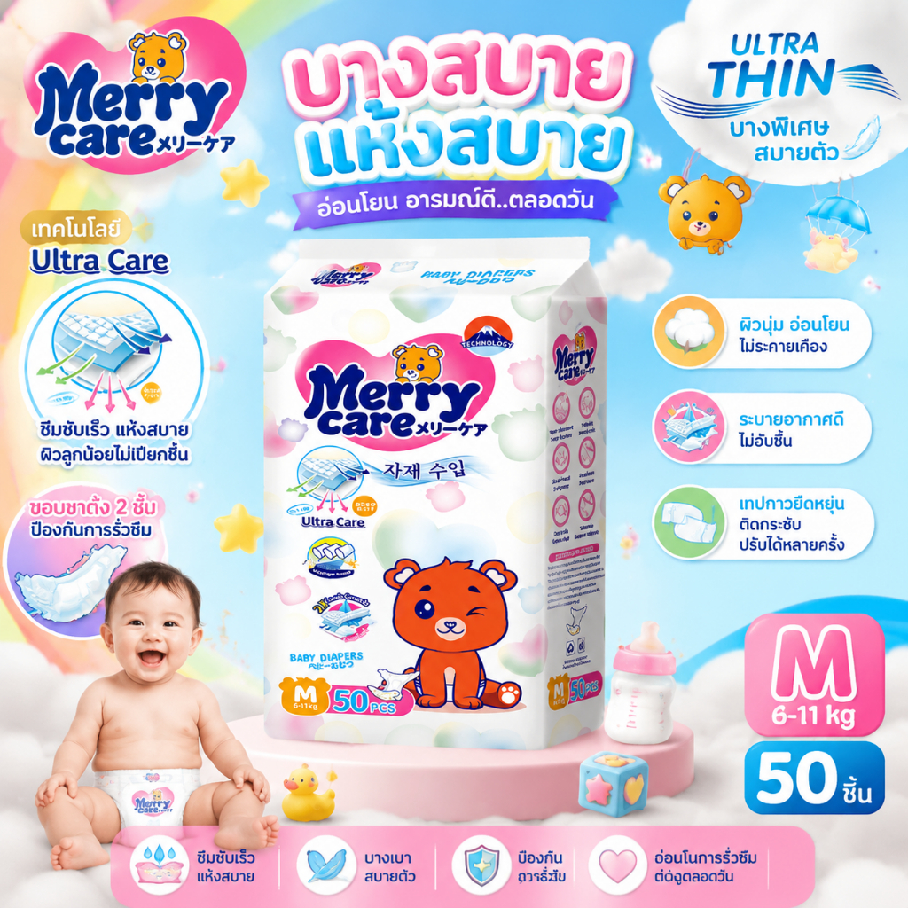 Merrycare 50ชิ้น แพมเพิสเด็ก นุ่ม ไม่อับ ผ้าอ้อม กางเกง นุ่ม บางเบา เทป เด็ก NB/S/M/L/XL/XXL/XXXL BABY DIAPER PANTS