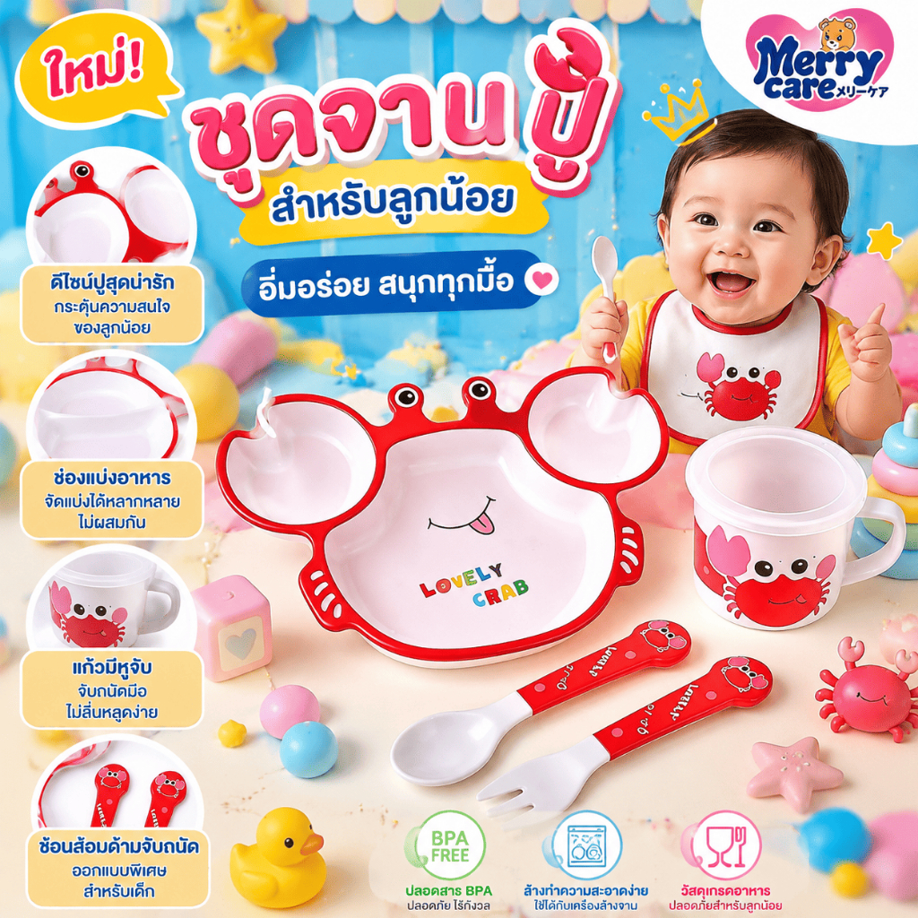 Merry care ชุดจานเด็ก เกล็ดข้าวสาลี พร้อมถ้วยช้อนส้อม จานการ์ตูน ปลอดภัย กันลื่น ไมครอเวฟได้
