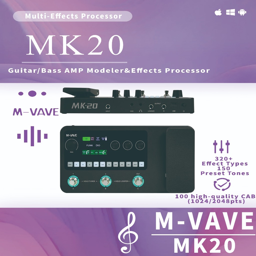M-VAVE MK-20 โปรเซสเซอร์มัลติเอฟเฟกต์เบสกีต้าร์แบบพกพา - หน้าจอ LCD 2.4", เอฟเฟกต์ 320+, รุ่น 120 AN