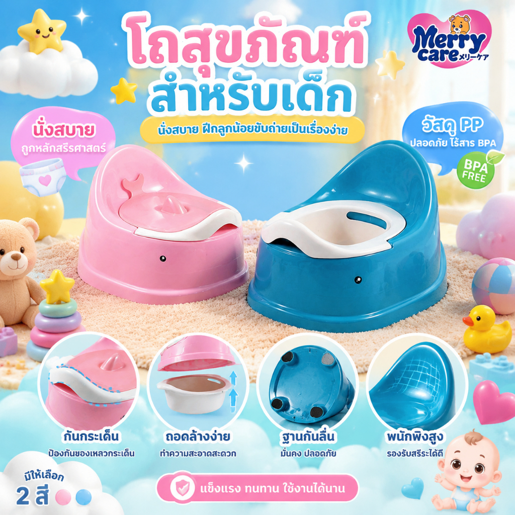 Merry care กระโถนเด็กฝึกขับถ่าย รูปปลาวาฬ น่ารัก สีสันสดใส มีฝาปิด ไม่ลื่น เหมาะสำหรับเด็กเล็ก