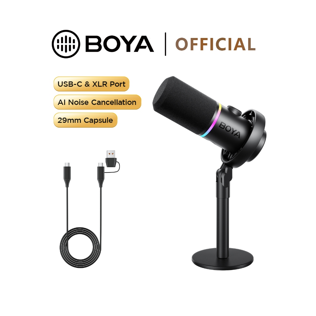 BOYA CastMic S60 ไมโครโฟนไดนามิก USB/XLR พร้อม RGB สําหรับเล่นเกมสตรีมมิ่ง Podcast