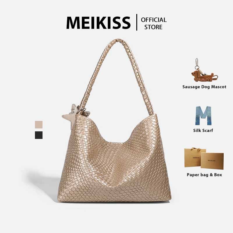 MEIKISS กระเป๋าโท้ท ลายสานพรีเมียม Woven Hobo จี้ดาว หนัง PU 2สี สะพายไหล่/คล้องแขน กระเป๋าแฟชั่นผู้หญิง