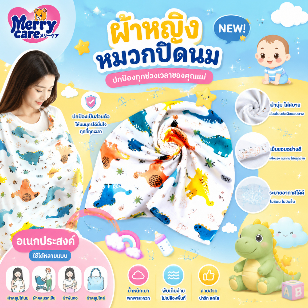 Merry care ผ้าคลุมให้นมลูก แบบเต็มตัว สไตล์เกาหลี เนื้อผ้านุ่ม ระบายอากาศ ไม่ร้อน ปกป้องความเป็นส่วนตัว