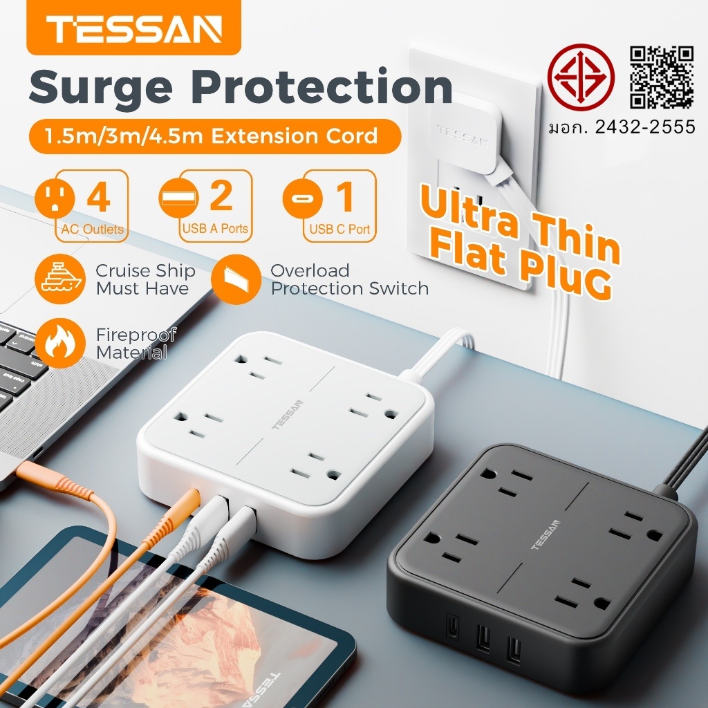 TESSAN  ปลั๊กไฟ สายไฟขยายพร้อม USB + Type C,ปลั๊กแบนสายไฟแบบพกพาสายไฟคุณภาพสูง