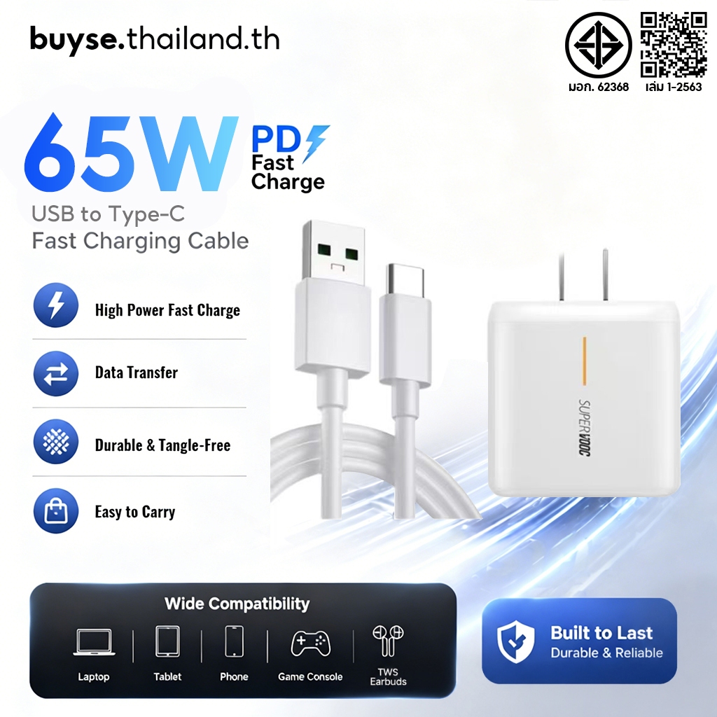 65W สายชาร์จ type c หัวชาร์จ Super Fast Charge 65W Adapter + TypeC Fast Charge หัวชาร์จ (รับประกัน 1