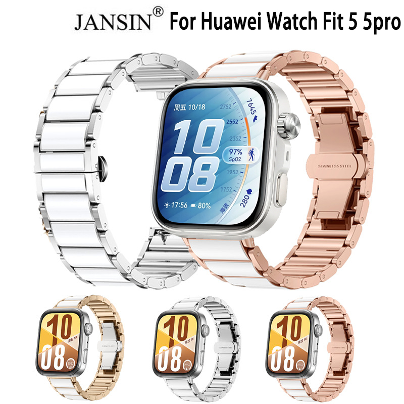 เซรามิคหรูหรา + สายสแตนเลสสําหรับนาฬิกา Huawei Fit 5 5 Pro สร้อยข้อมือสําหรับนาฬิกา Huawei Fit 4 โลหะธุรกิจ Band