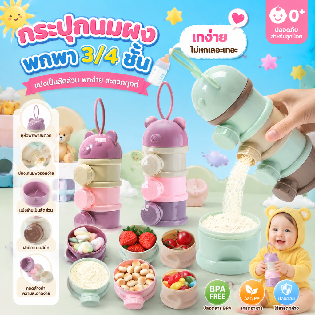 Merry care กล่องเก็บนมผง 4 ชั้น แบบพกพา กันรั่ว กล่องแบ่งนมทารก ปิดสนิท ใช้ง่าย