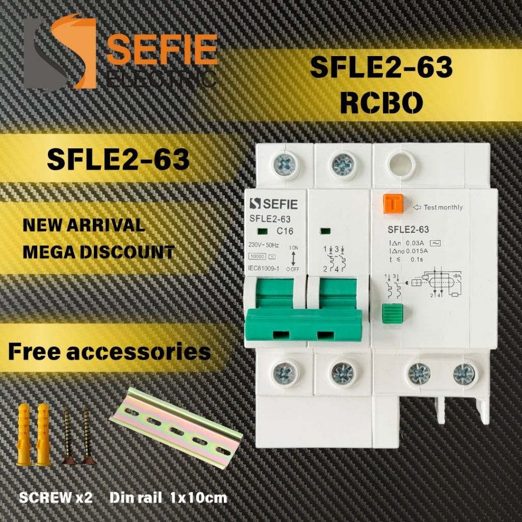 SEFIE RCBO 2P 16A 32A 63A Residual Current Circuit Breaker พร้อมราง DIN ฟรี