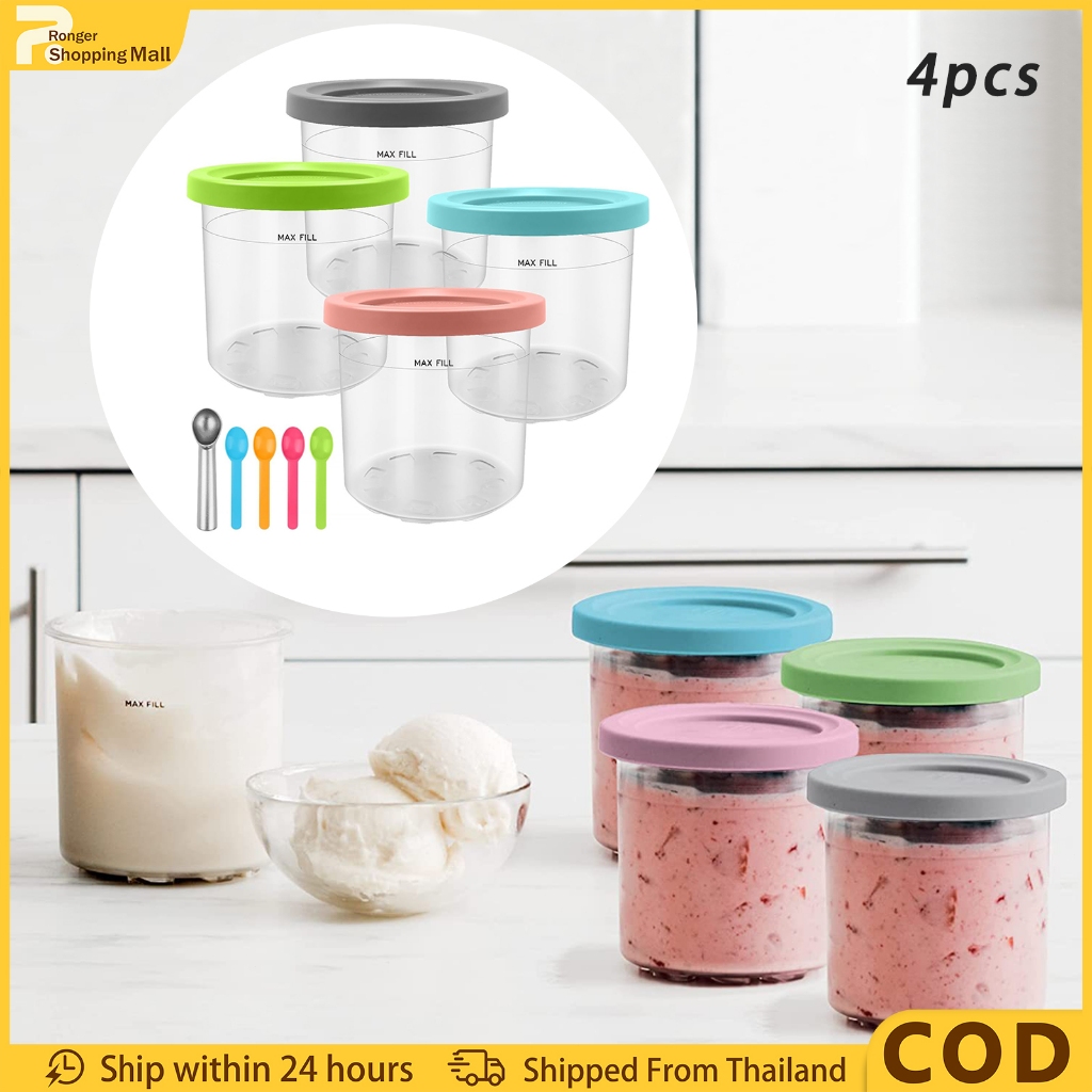 (COD)ถ้วยไอศกรีมNinja Creamiกระปุกแช่แข็งกล่องเก็บของหวานBPA Freeฝาสีพร้อมช้อนถ้วยแบ่ง4ชิ้น