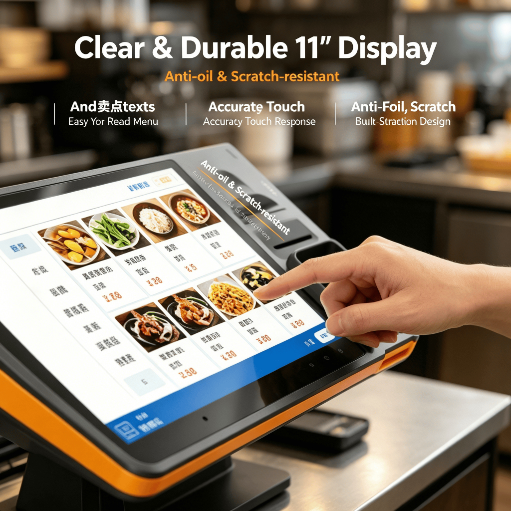 Ruyi C960F เดสก์ท็อป POS Ordering เครื่อง 11 นิ้วหน้าจอสัมผัสในตัว 58 มม.เครื่องพิมพ์ Works Offline 