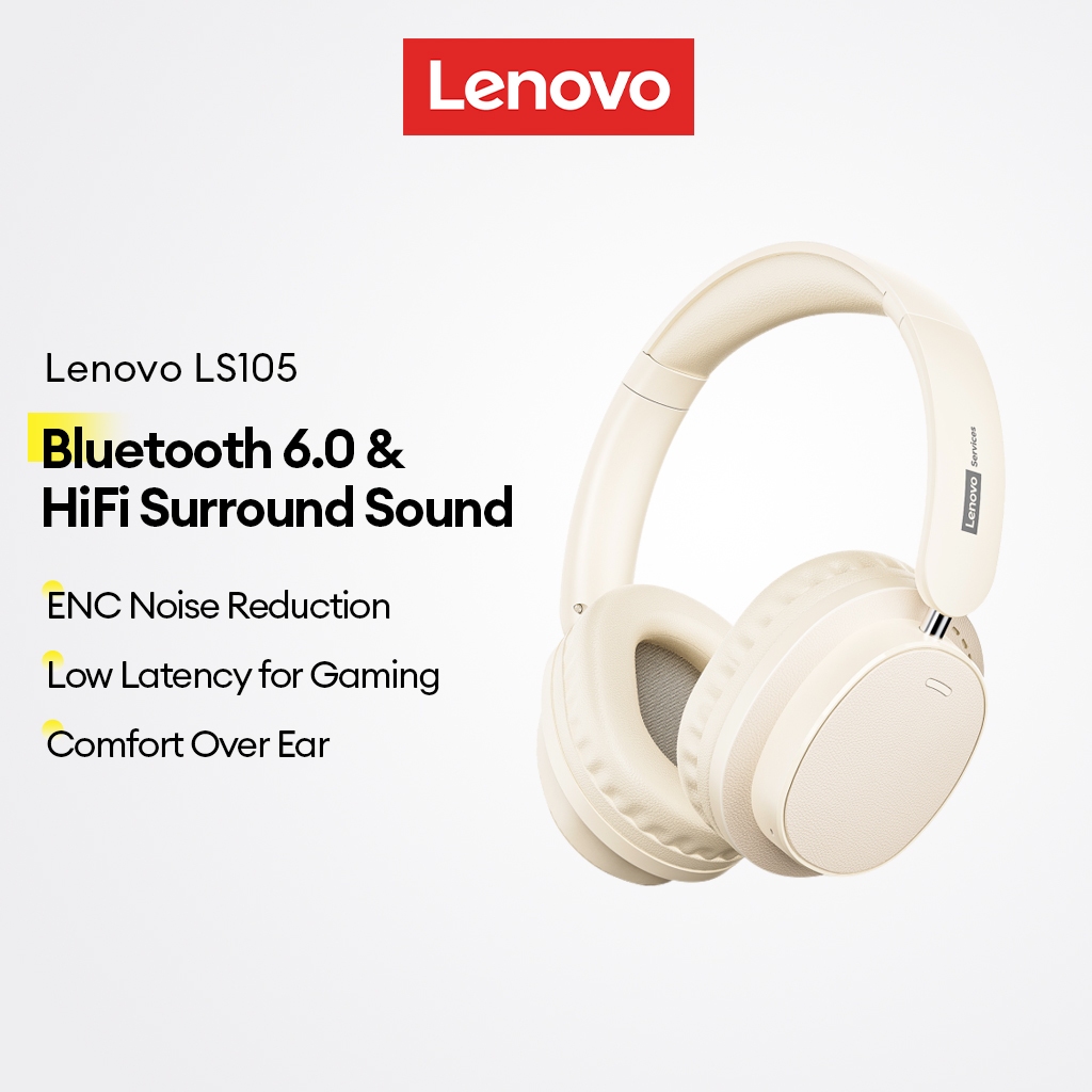 Lenovo LS105 หูฟังบลูทูธ ชุดหูฟังไร้สายแบบครอบหูพร้อม Bluetooth V6.0 และเสียงเซอร์ราวด์ HiFi พร้อมลดเสียงรบกวน ENC สําหรับเล่นเกม