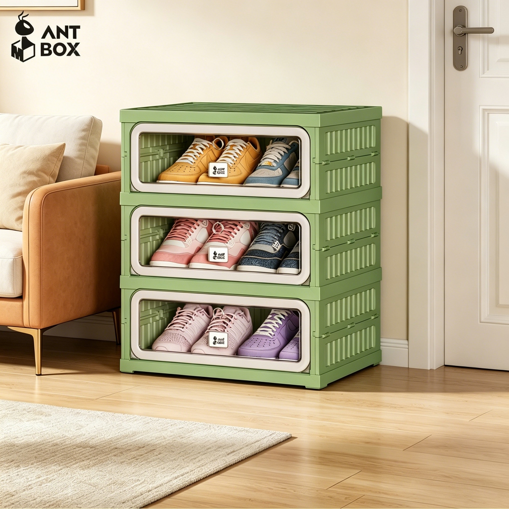 ANTBOX ตู้เก็บรองเท้าเทรนด์ใหม่ปี 2026 1 แถว 3 ชั้น 6 คู่ สำหรับ สีเทาสีเขียว ติดตั้งง่าย พับเก็บได้รวดเร็ว ตู้เก็บของอเนกประสงค์ ประตูใส ประตูแม่เหล็ก แข็งแรงทนทาน กันน้ำ กันแดด