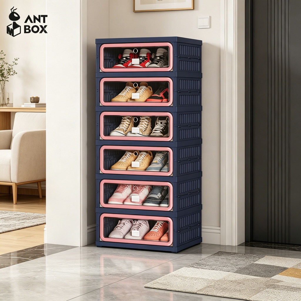 ANTBOX ตู้เก็บรองเท้าเทรนด์ใหม่ปี 2026 สำหรับ 1 แถว 6 ชั้น 12 คู่ สีชมพูฟ้า ติดตั้งง่าย พับเก็บได้รวดเร็ว ตู้เก็บของอเนกประสงค์ ประตูใส ประตูแม่เหล็ก แข็งแรงทนทาน กันน้ำ กันแดด กันความชื้น