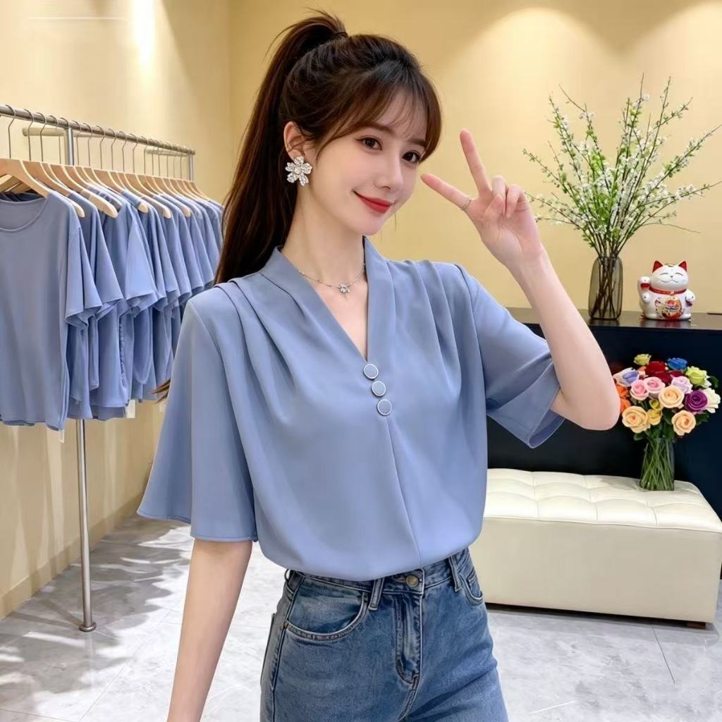 ผู้หญิงเสื้อลําลองโพลีเอสเตอร์แขนสั้นคอวีท็อปส์สไตล์เกาหลีขนาดบวก