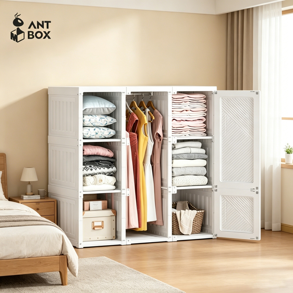 ANTBOX [ [Clearance ลดล้างสต๊อค ]] ตู้เสื้อผ้าเอนกประสงค์ 9 ช่อง 1 แขวน 540L ประตูสีขาวทึบ สไตล์มินิมอล ติดตั้งง่าย พับเก็บได้ สไตล์โมเดิร์น เหมาะกับการแต่งห้องทุกสไตล์