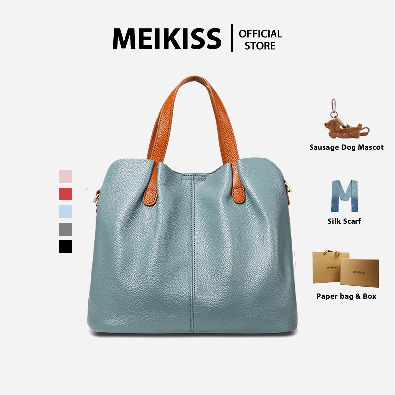 MEIKISS กระเป๋าโท้ท หูจับสีตัดกัน หนัง PU ลายลิ้นจี่ ใบใหญ่ ใส่ A4 ได้ 5สี กระเป๋าผู้หญิง สไตล์ทำงาน