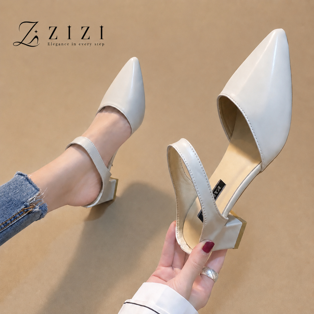 ZIZI - รองเท้าส้นสูงผู้หญิงเปิดส้น ส่งจากกรุงเทพฯ หัวแหลม ส้นบล็อก สายคาด ใส่ทำงานสไตล์เรียบหรู
