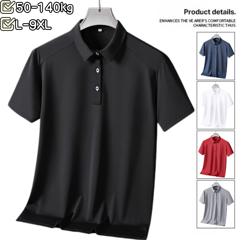 [วัสดุคุณภาพสูงสวมใส่ 50-140 กก.] L-9XL ฤดูร้อนอินเทรนด์บวกไขมันขนาดบวกธุรกิจผ้าไหมน้ําแข็งลําลองยืดเสื้อโปโลผู้ชายสลิมฟิตปกด้านบน