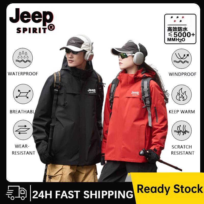 JEEP SPIRIT เสื้อแจ็คเก็ตกลางแจ้งผู้ชายผู้หญิงเสื้อกันลมหลายกระเป๋ากันน้ํากันลม