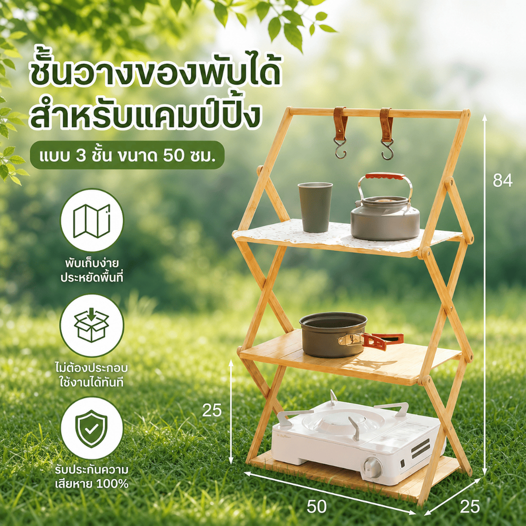 ชั้นวางของไม้ไผ่ พับได้ ชั้นวางแคมป์ปิ้ง 50cm ไม่ต้องประกอบ พร้อมถุงจัดเก็บ อุปกรณ์แคมป์ปิ้ง Camping Shelf