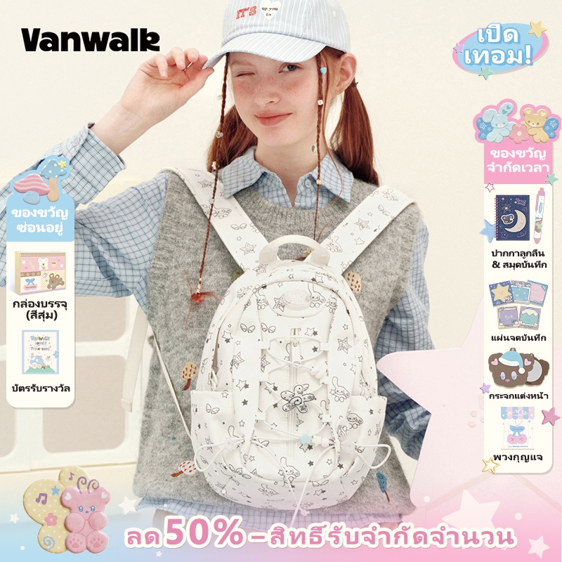 VANWALK เครื่องเขียน กระเป๋าเป้สะพายหลังพิมพ์ลาย Niche สไตล์เกาหลีสําหรับผู้หญิงกระเป๋าเป้เดินป่ากระเป๋าใบเล็กน้ําหนักเบา，V3030